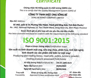 Mật ong Sông Bé được cấp giấy chứng nhận ISO 9001 : 2015